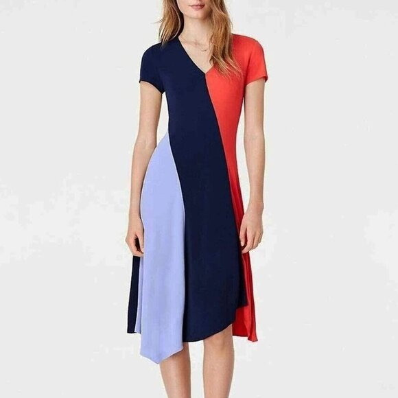 New Tory Burch Walden Colorblock Midi Dress Navy Orange XS $395 - Picture 1 of 6